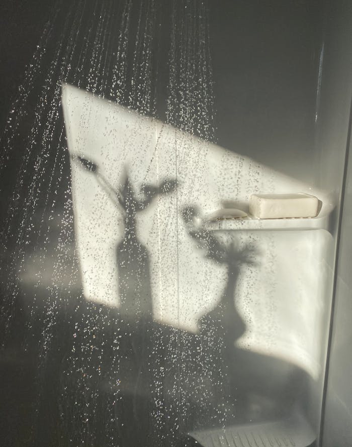 services-02 A tranquil scene of vase shadows against a sun-drenched shower wall with water droplets.